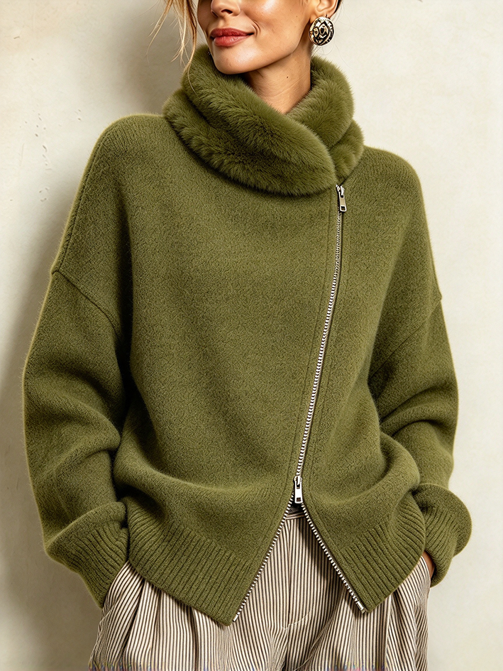 Asymmetrical Zip Faux Fur Collar Casual Knit Olive Green Sweater