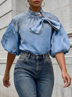 Casual Denim Shirt With Bow-detail Stand Collar