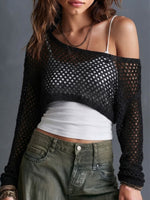 Asymmetric Off Shoulder Hollow Mesh Cropped Long Sleeve Knit Cover Up