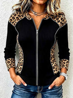 Women's Crew Neck Long-sleeve Loose-fit Knit Cardigan With Leopard Print Paneling