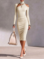 Women's Solid Color Stand Collar Off-shoulder Long Sleeve Casual Slim Fit Knit Dress