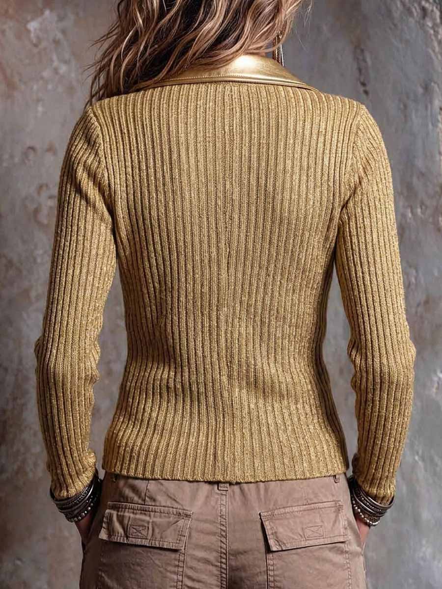 Women's Solid Color Collared Long Sleeve Casual Loose-fitting Knit Top With Fine Shimmer