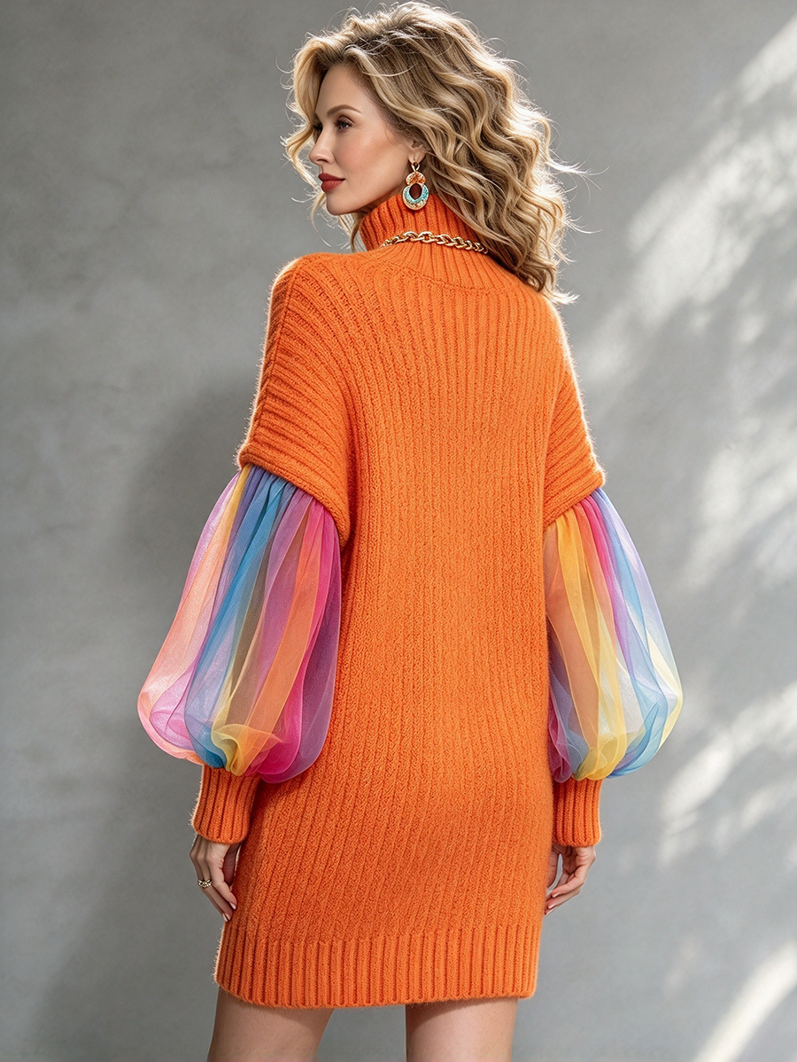 Cozy Chic Vibrant Rainbow Mesh Sleeve Sweater Dress