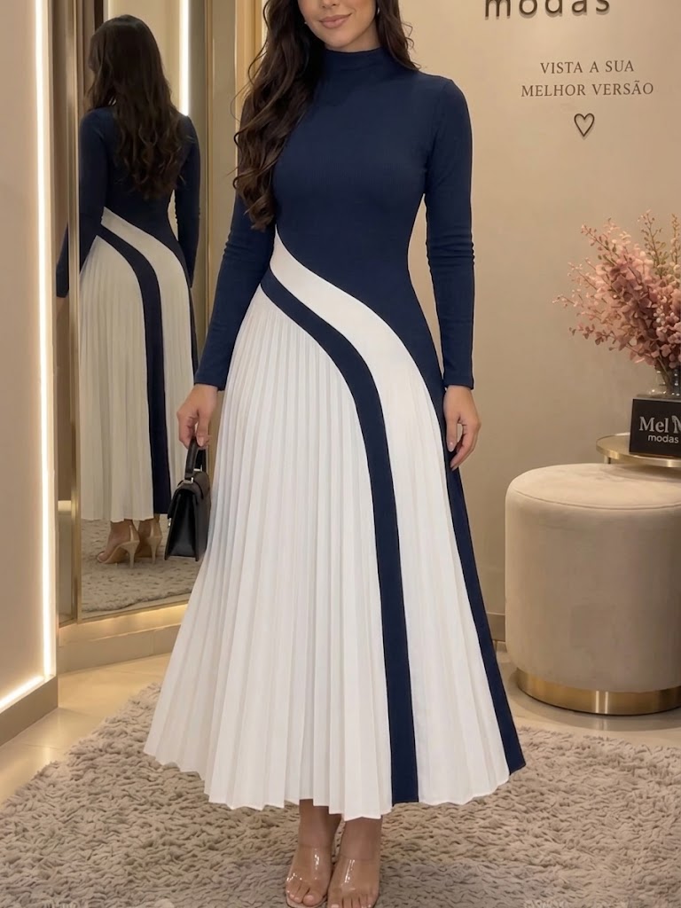 Stylish And Elegant Color-block High-neck Pleated Maxi Dress