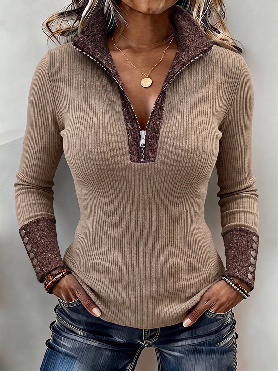 Cozy Contrast-Trim Ribbed Knit Pullover