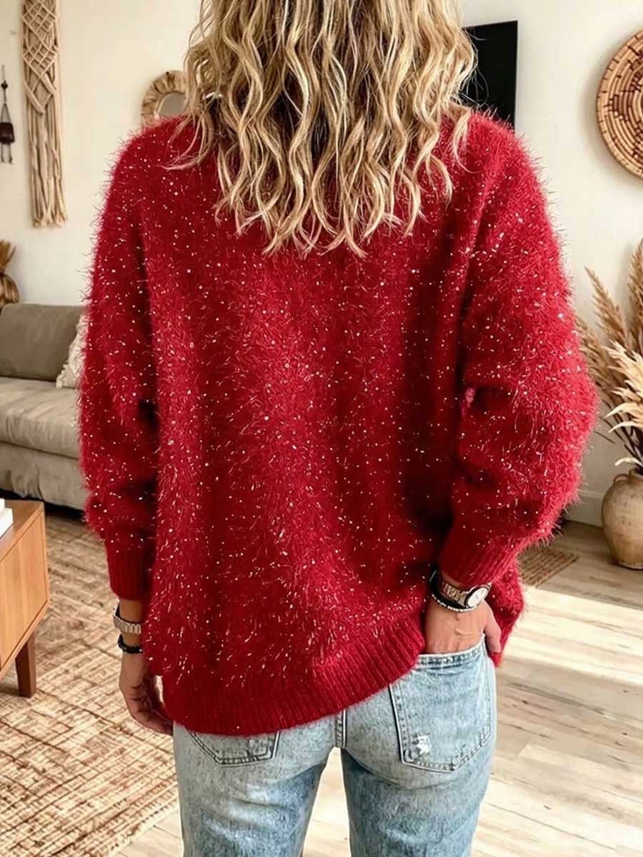 Women's Fuzzy Red Sparkle Button-down Cardigan