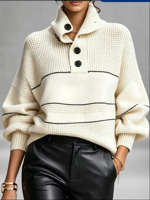 Cozy, Chic Knit Top With A Buttoned Stand Collar And Contrasting Stripes.