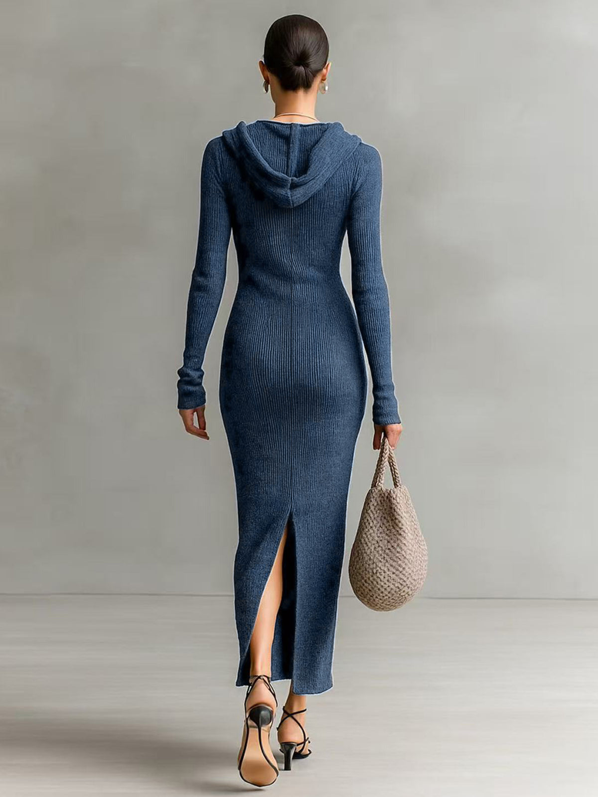 Cozy, Casual Ribbed Cotton-blend Knit Maxi Dress With A Hood And Henley Neckline.