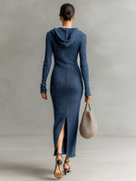 Cozy, Casual Ribbed Cotton-blend Knit Maxi Dress With A Hood And Henley Neckline.