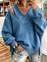 Chic Cutout V-Neck Oversized Sweatshirt