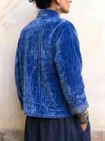 Women's Blue Quilted Velvet Jacket With Vintage Buttons