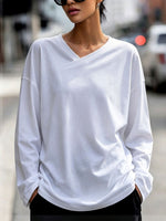 Chic Asymmetrical V-neckline Oversized White Cotton Tee