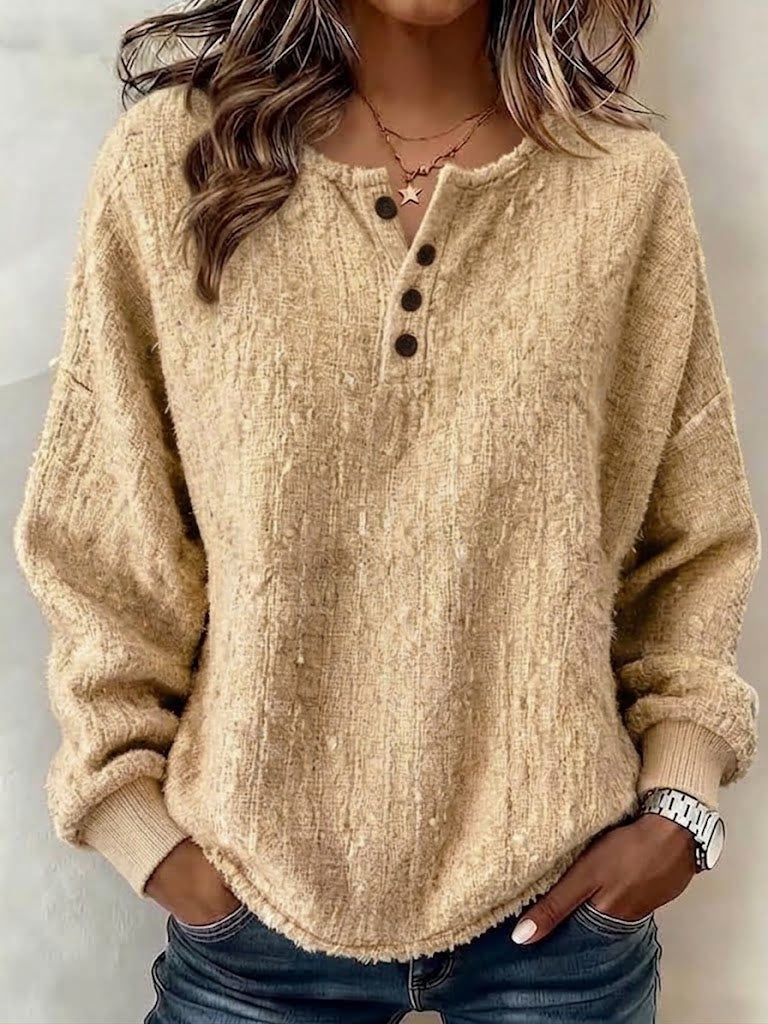 Henley Neck Partial‑button Textured Drop‑shoulder Loose Long‑sleeve Top