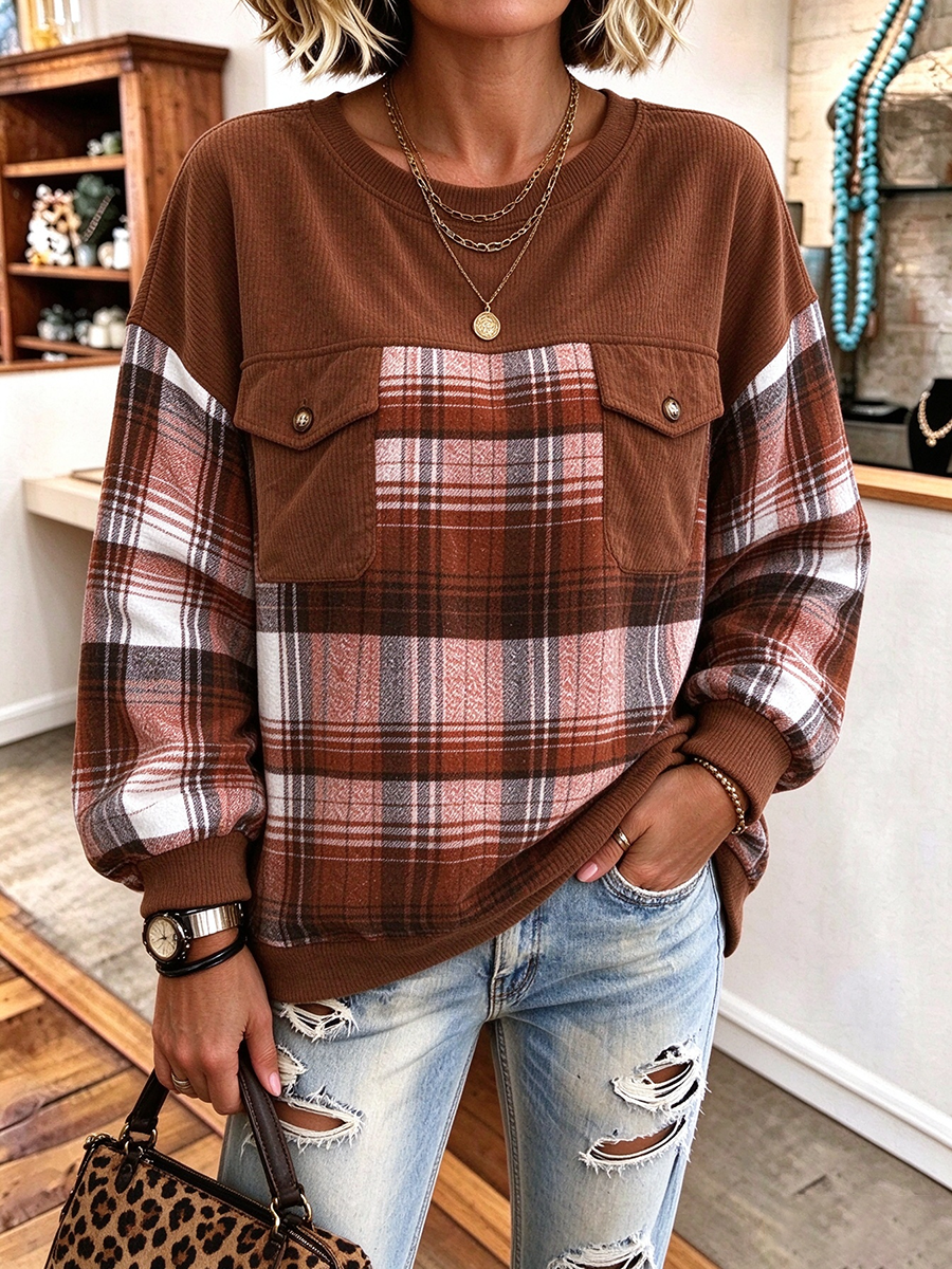 Oversized Plaid-patchwork Cozy Pullover Sweatshirt