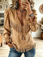 Women's Solid Color V-neck Long-sleeve Loose Casual Tassel Top