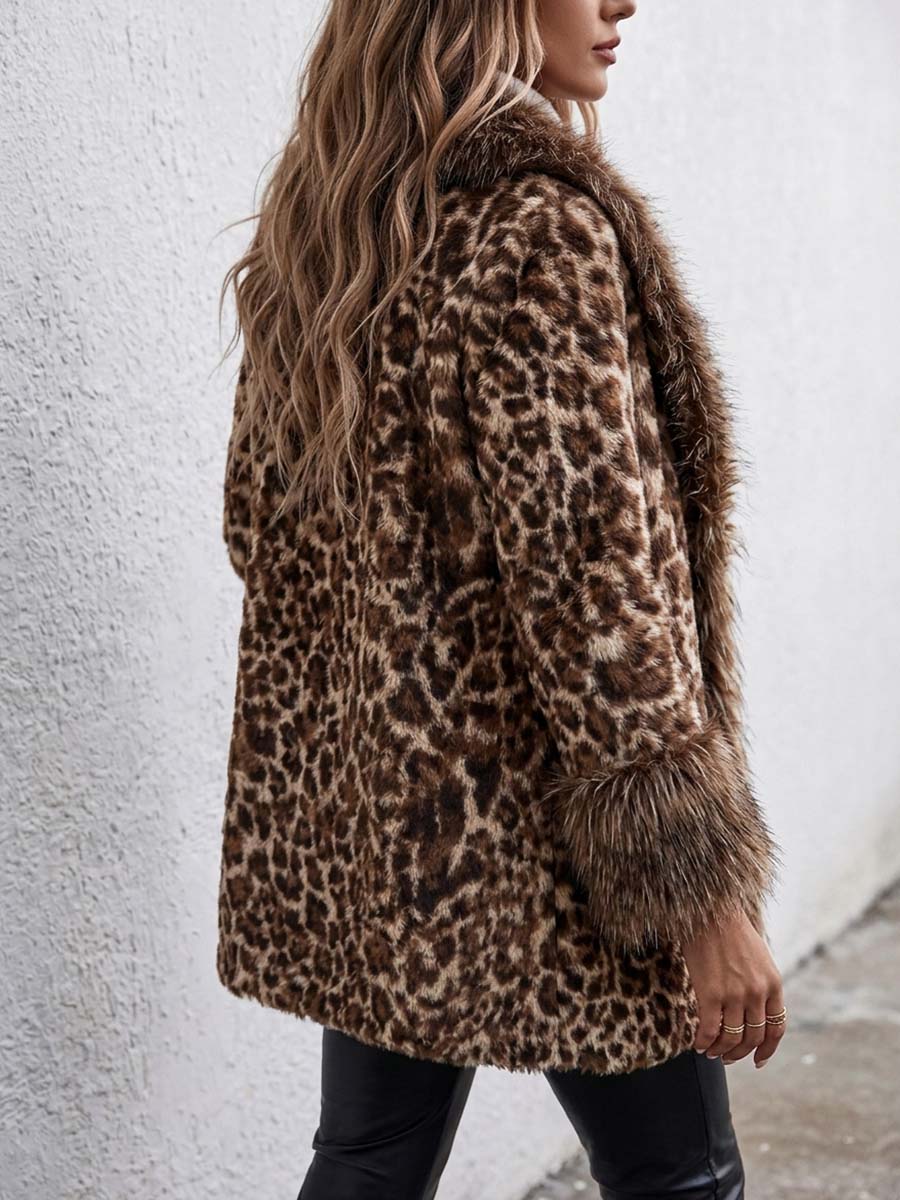 Women's Leopard Print Faux Fur Trimmed Open Front Coat