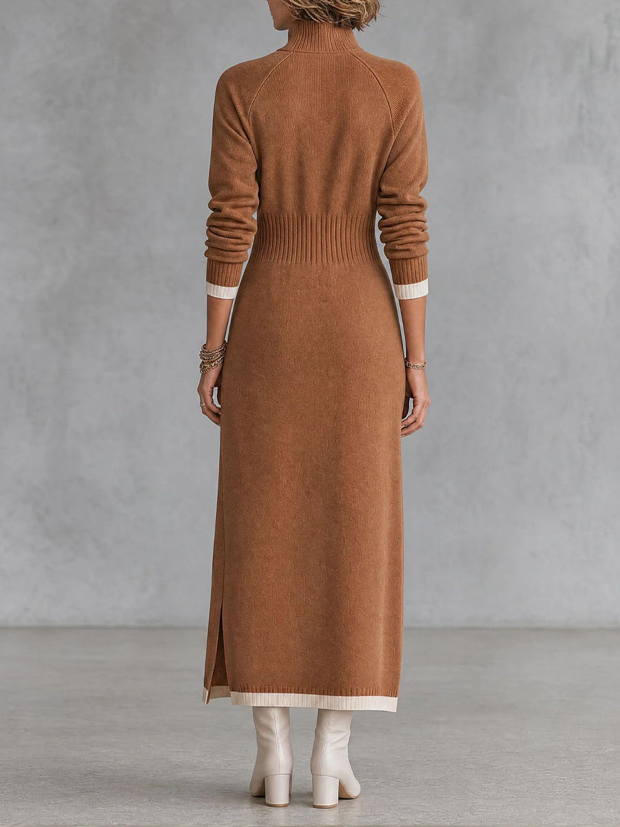 Chic Color-block Trim Quarter-zip Knit Midi Dress