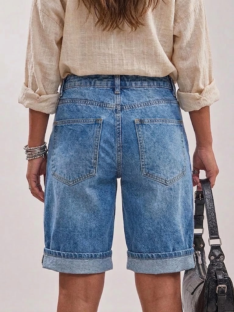 High-waisted Washed Denim Mid-length Shorts With Cuffed Hems And Pockets