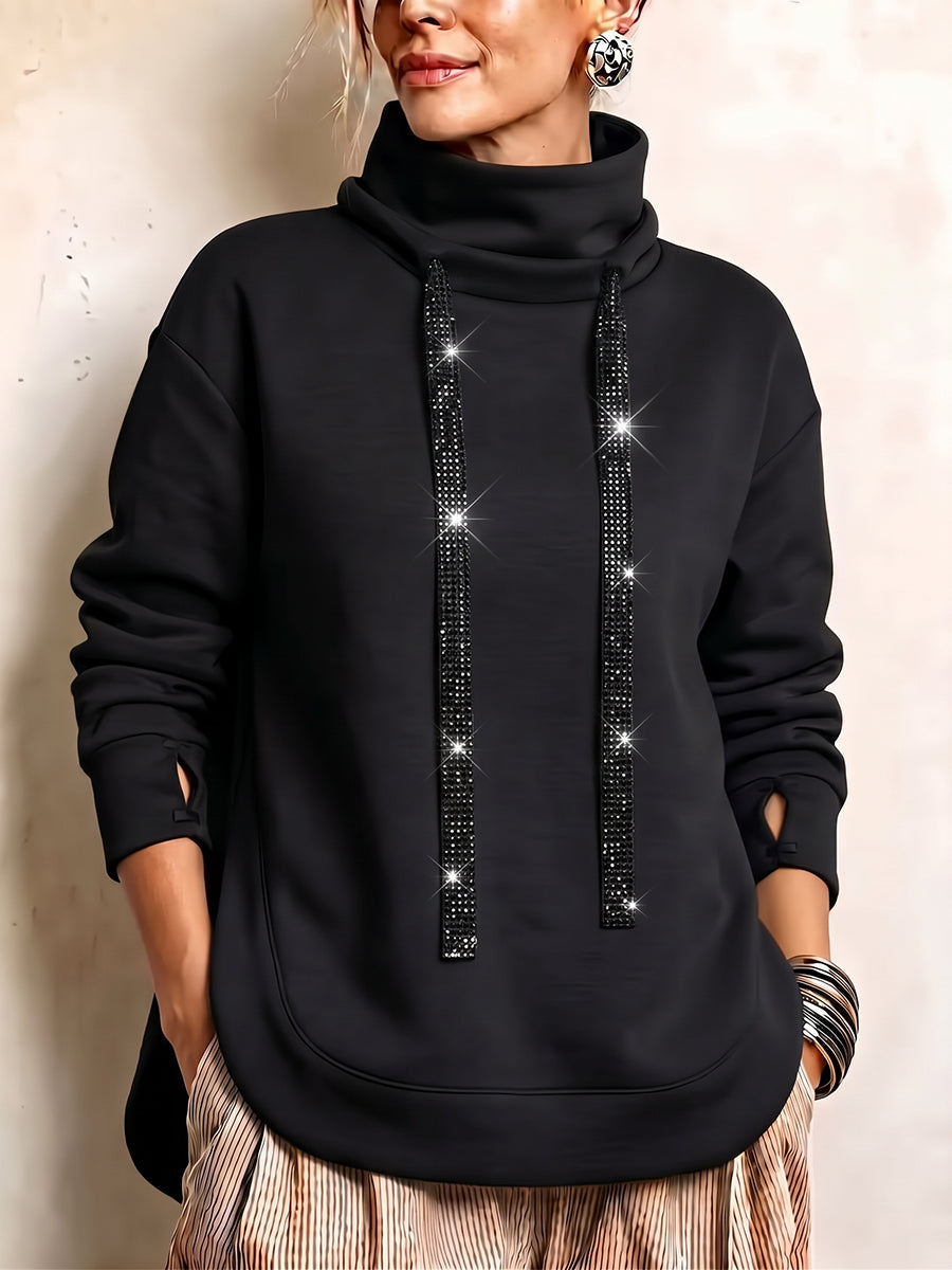 Chic Rhinestone-Drawstring Cowl-Neck Sweatshirt