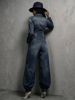 Chic Washed Denim Double-Breasted Peplum Blazer