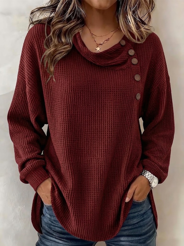 Women's Solid Color Waffle-knit Long-sleeve Button-down Casual Shirt / Comfortable Top