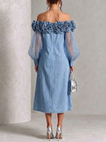 Off-shoulder Denim Dress With Chiffon Panels And 3d Rose Detail
