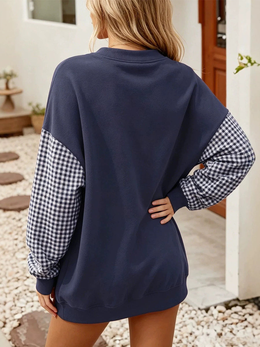 Chic Red Gingham Patchwork Crewneck Sweatshirt