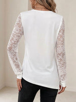 Women's Elegant Lace Splice V-neck Long Sleeve Top With Rhinestone Embellishments
