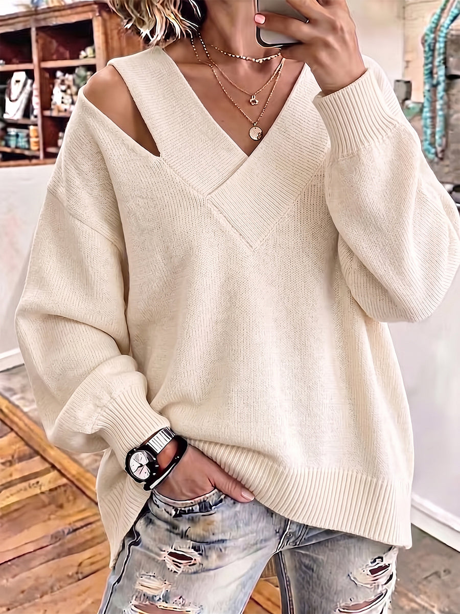 Cozy Asymmetrical Cutout V-Neck Knit Sweater