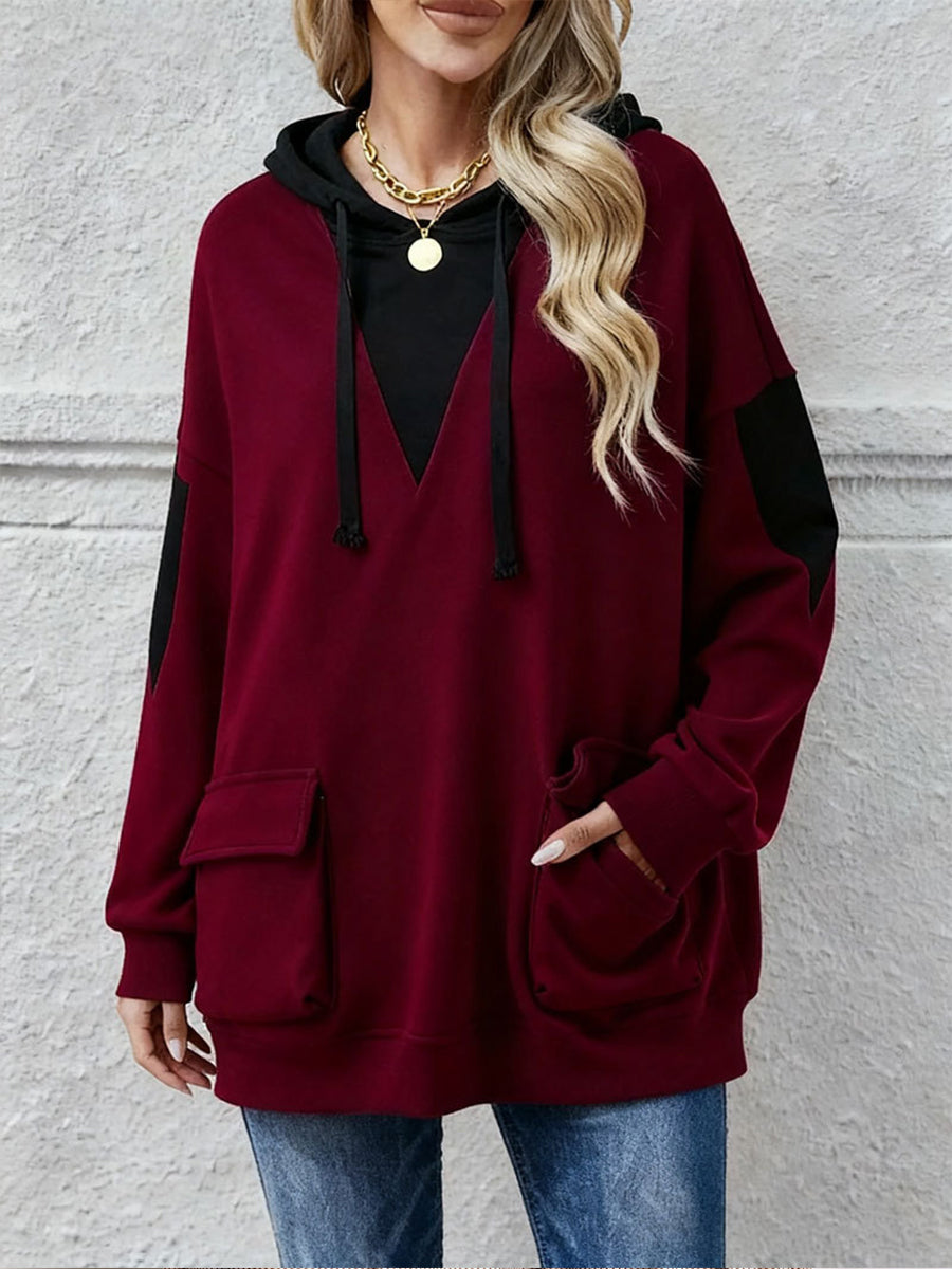Cozy Color-Blocked V-Neck Hooded Sweatshirt