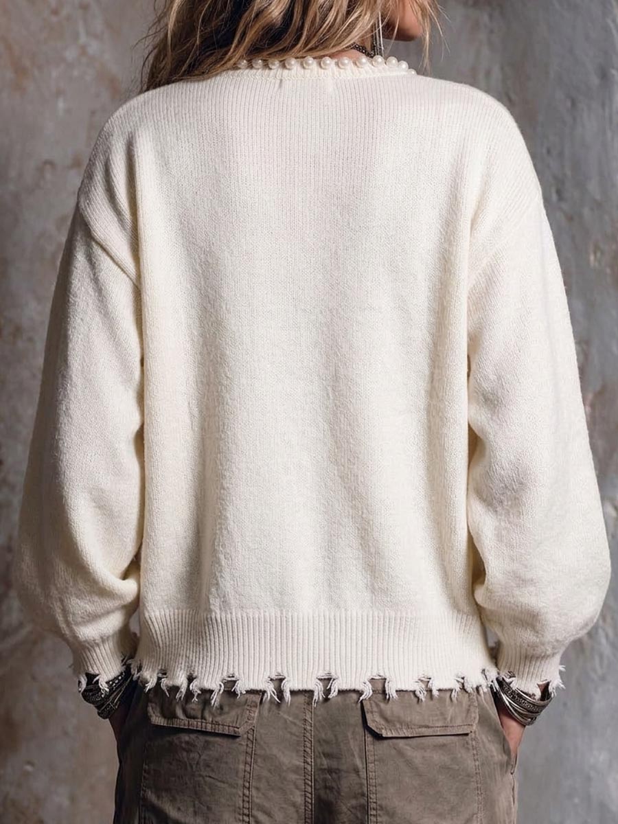 Women's Solid Color Round Neck Long Sleeve Beaded Casual Loose Knit Cardigan