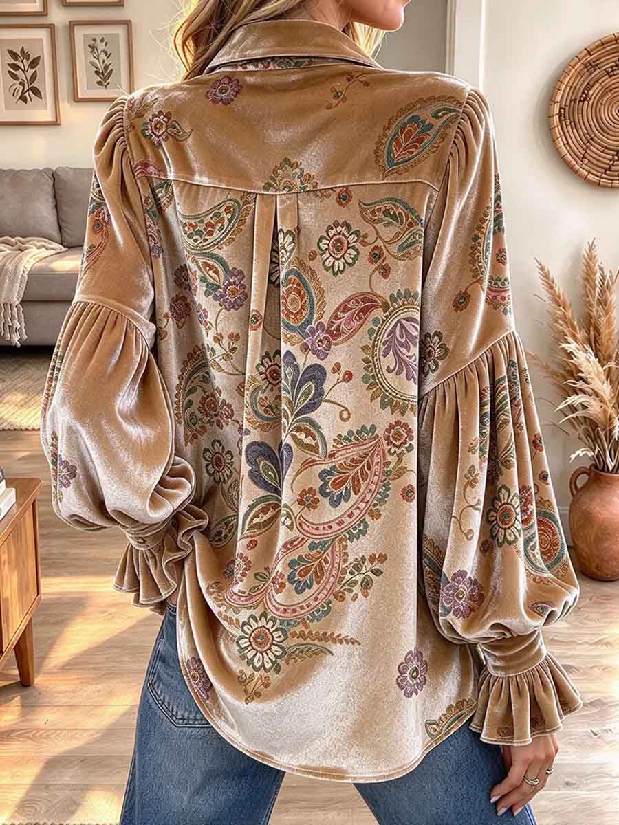 Women's Boho Floral Velvet Button-Down Shirt with Ruffled Flounce Sleeves