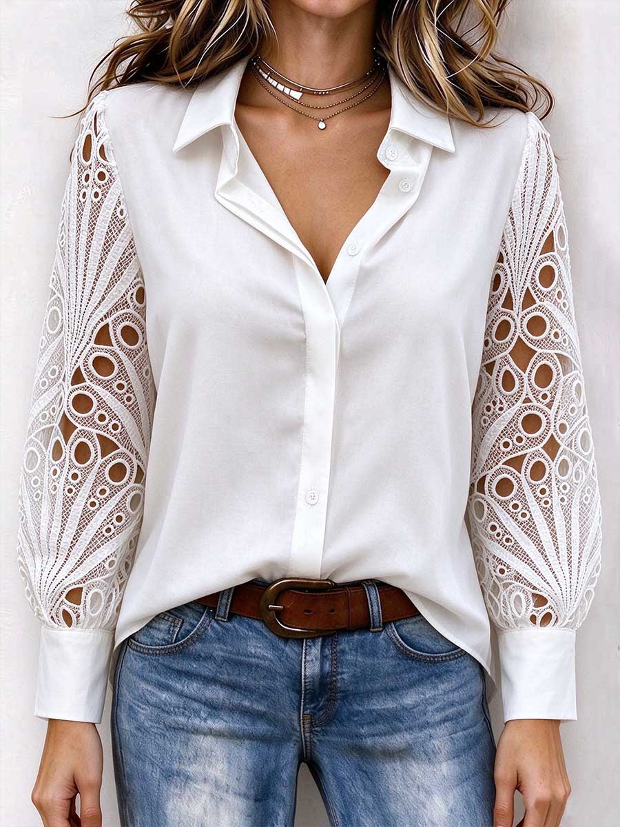 Elegant White Button-down Shirt With Hollow-out Lace Sleeves