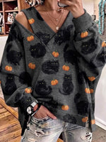 Halloween Black Cat And Pumpkin Print V-neck Off-shoulder Sweatshirt
