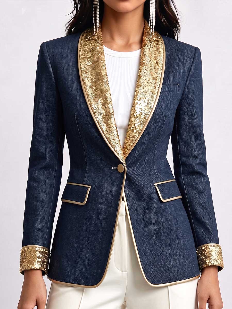 Women's Sequined Lapel Long-sleeved Casual Loose Cardigan With Gold Trim