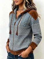 Women's V-neck Long-sleeve Casual Loose-fit Hooded Cardigan With Mixed Geometric Prints And Panel Detailing