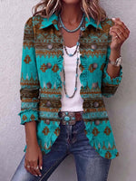 Women's Retro Geometric Print Lapel Long Sleeve Casual Loose Cotton Cardigan