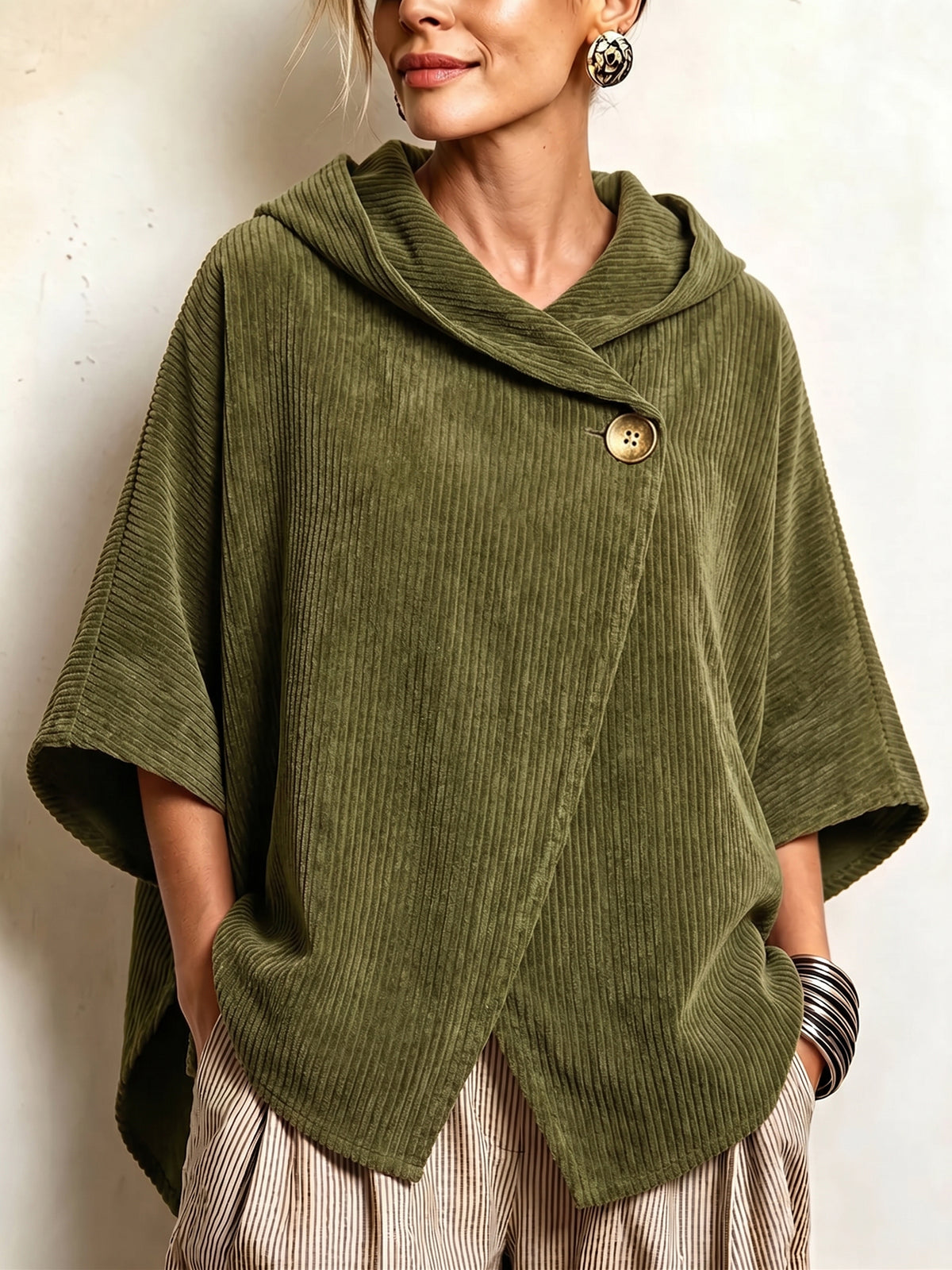 Cozy Asymmetric Corduroy Hooded Poncho Top