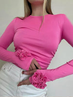 Slim-fit Stretch Knit Top Featuring 3d Floral Embellishments On The Cuffs