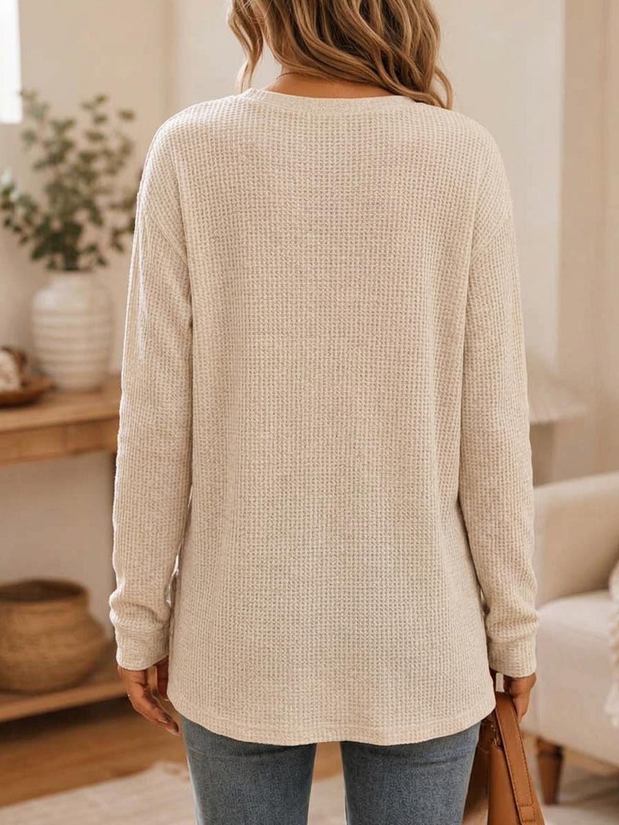 Women's Solid Color Long-sleeve Casual Loose Waffle-knit Top With Cardigan-style Collar