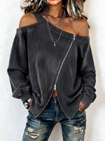 Edgy Chic Asymmetric Cold-shoulder Zipper Sweatshirt