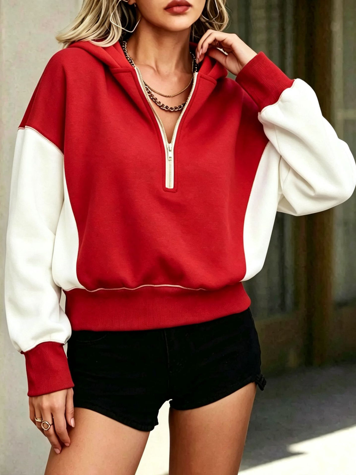 Chic Red and White Colorblock Quarter-Zip Hoodie