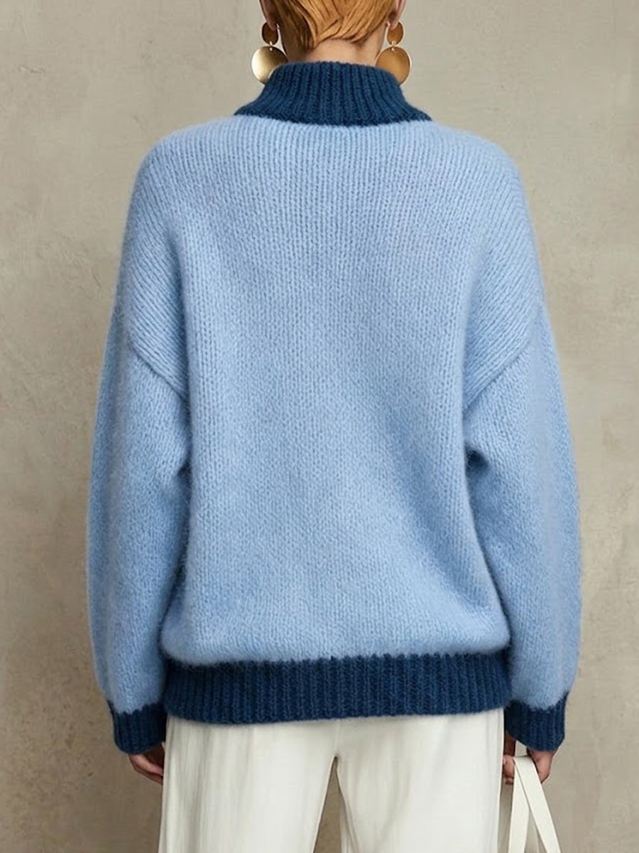 Color‑block Half‑zip Mock Neck Oversized Knit Sweater