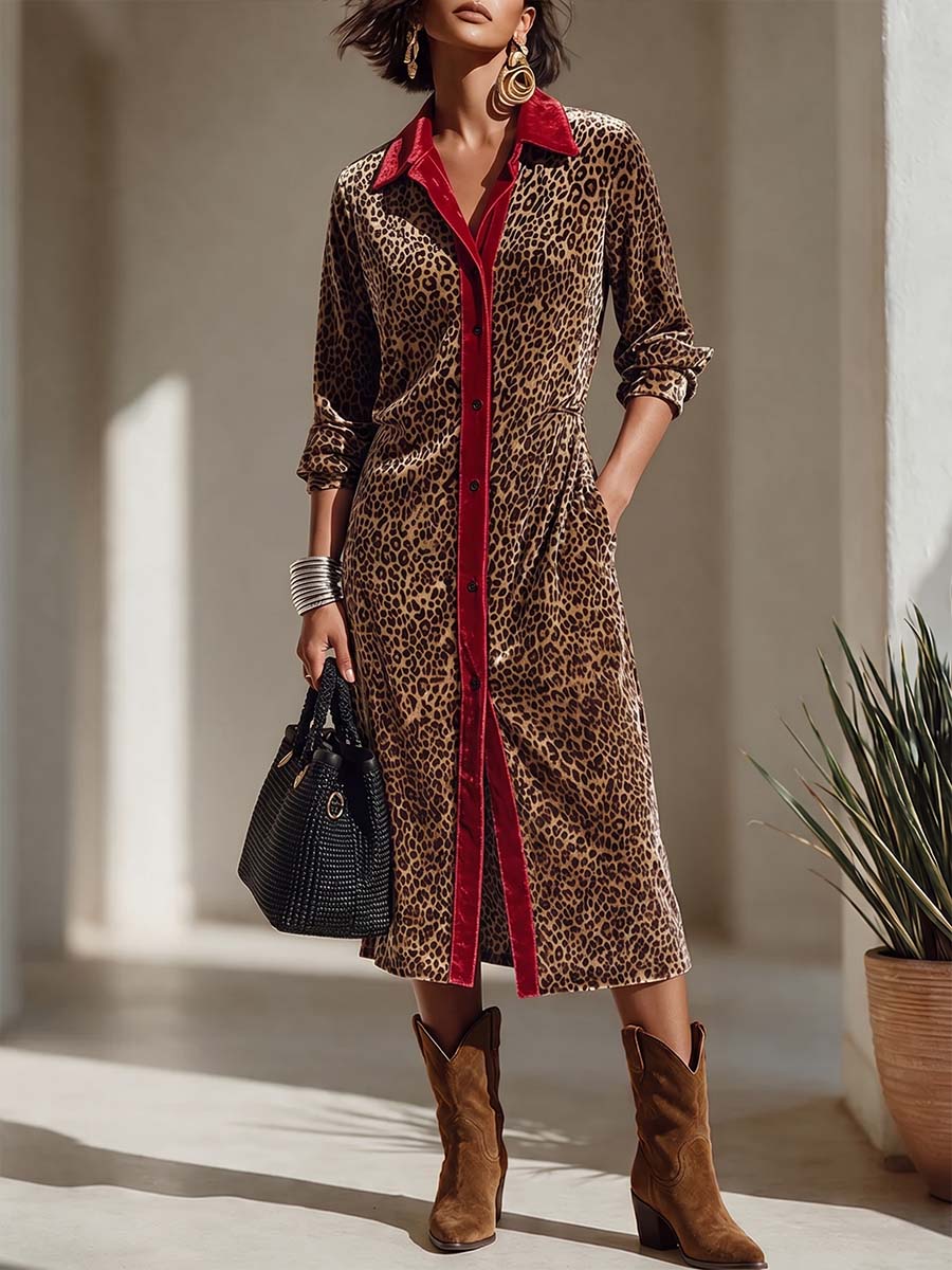 Women's Long-sleeve Casual Loose-fit Velvet Dress With Leopard Print Panel And Collar