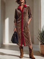 Women's Long-sleeve Casual Loose-fit Velvet Dress With Leopard Print Panel And Collar