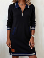 Casual Half-zip Color-block Collar Cotton Knit Mini Dress