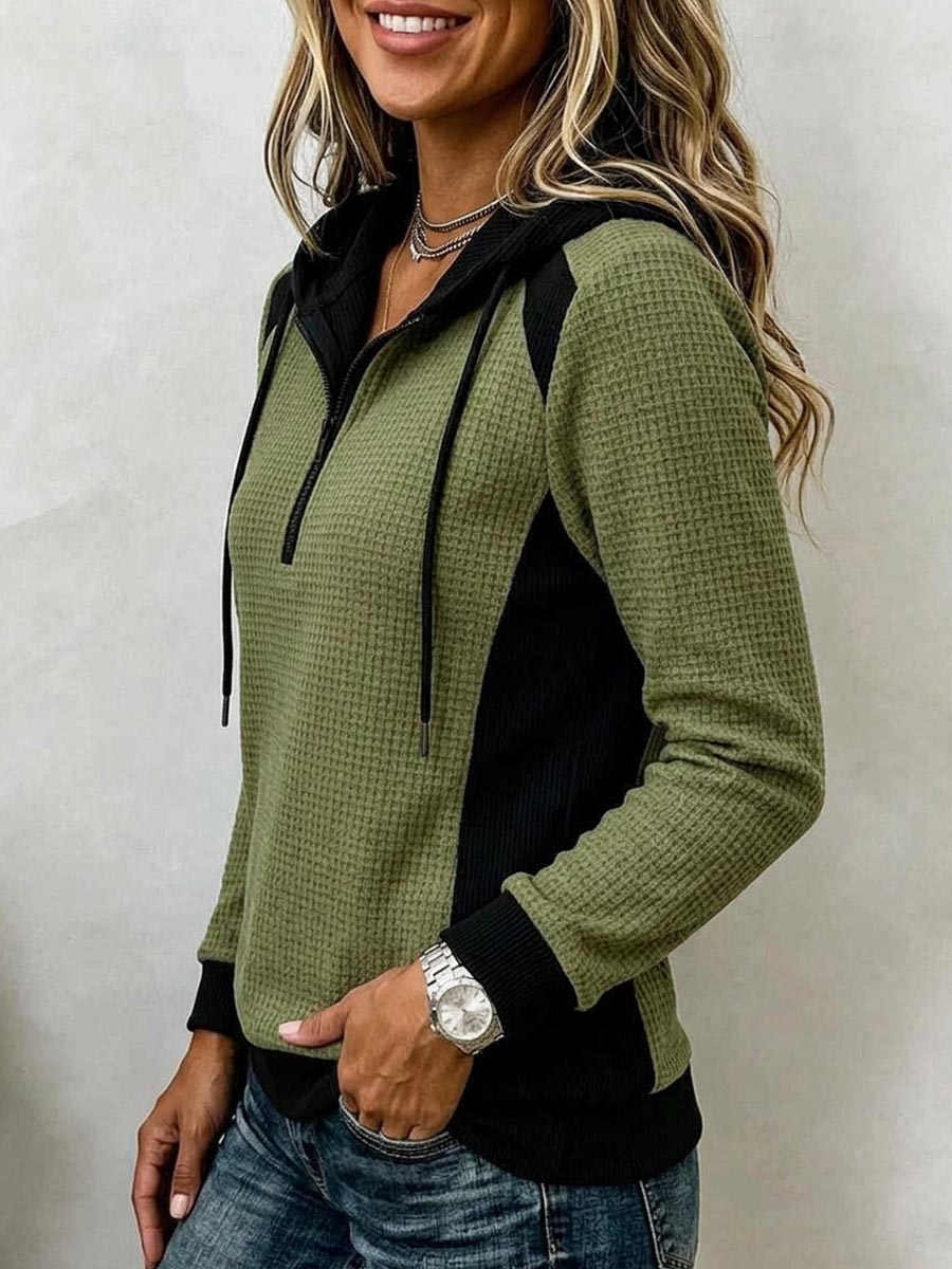 Women's Long-sleeve Casual Loose-fit Color-block Waffle Knit Hoodie With Collar