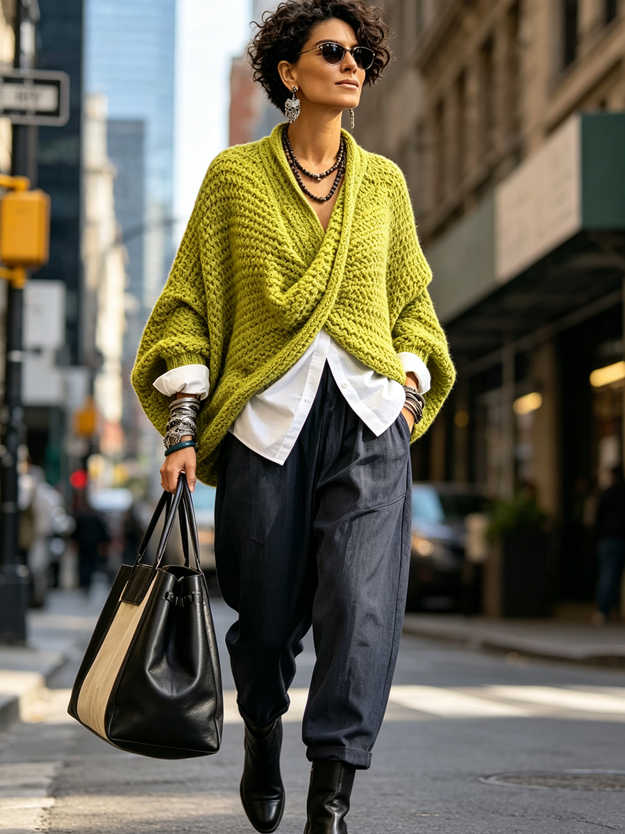 Western Cozy Relaxed Batwing Sleeves Crossover V-neck Sweater