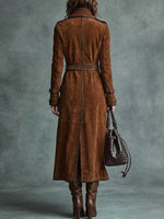 Women's Double-breasted Suede Maxi Coat With Contrast Piping