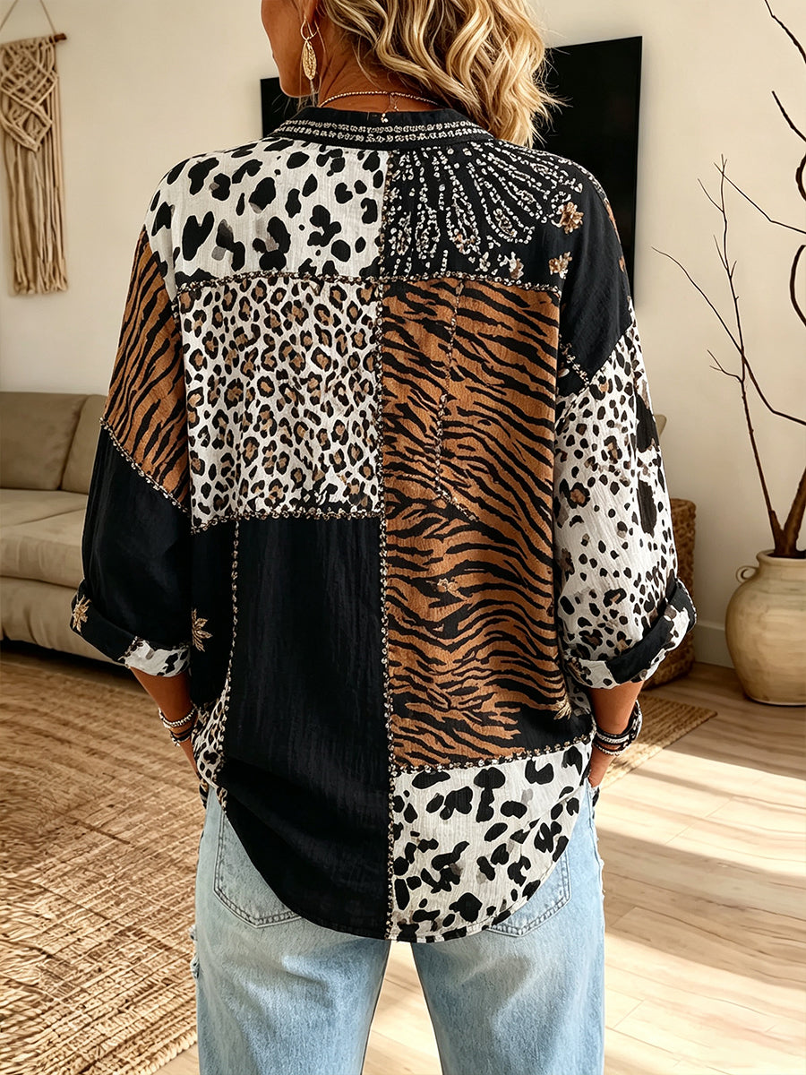 Chic Mixed Animal Print Button-Down Linen Blouse